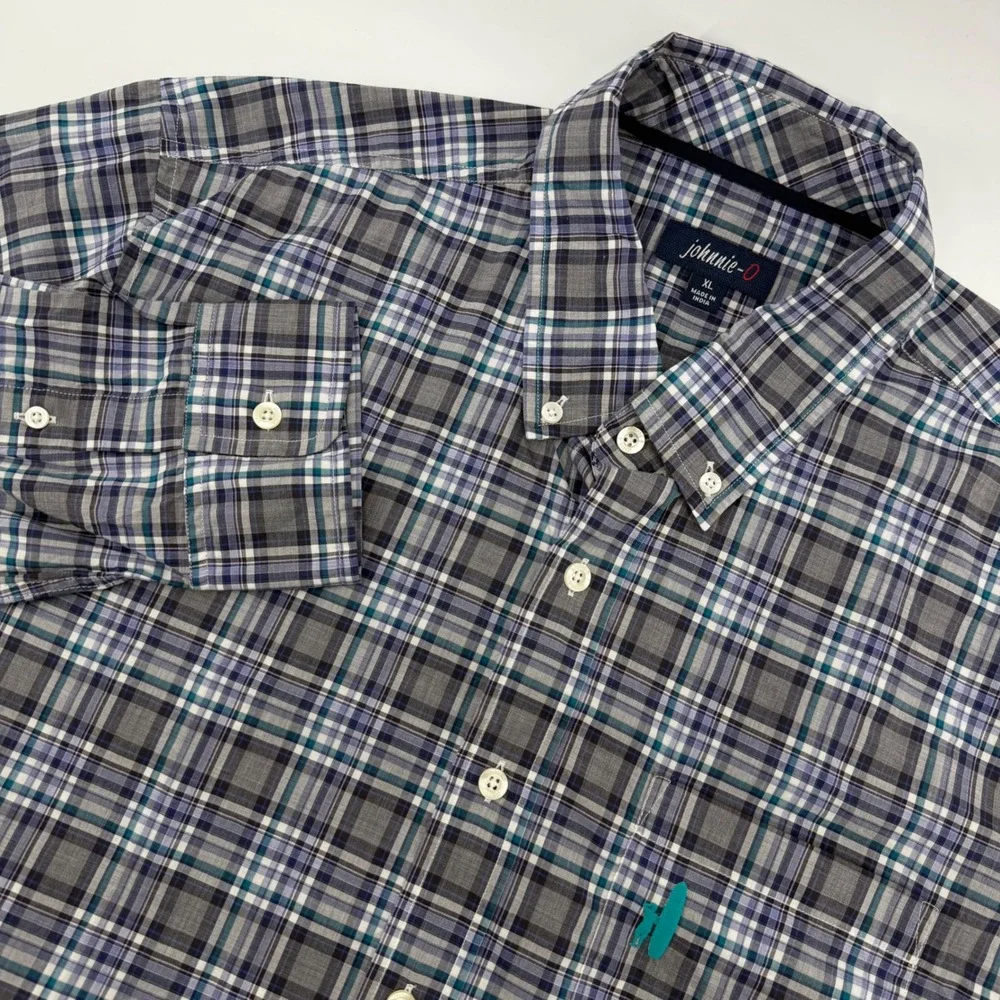 johnnie-O Button Down Shirt Mens XL Gray Blue Plaid Egyptian Cotton Long Sleeve